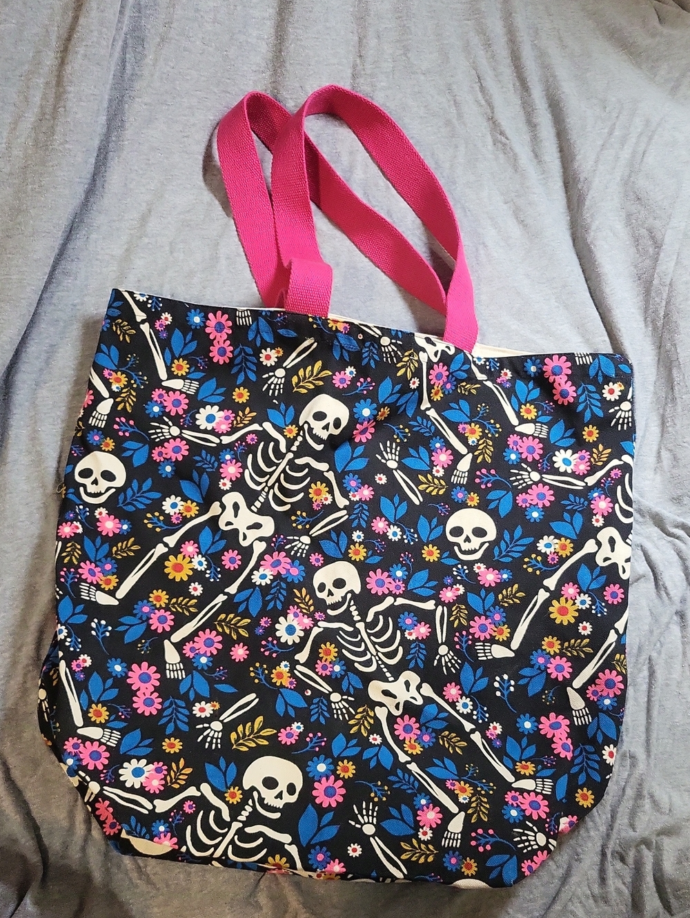 Black Floral Skeleton Tote Canvas Bag with Pink Straps